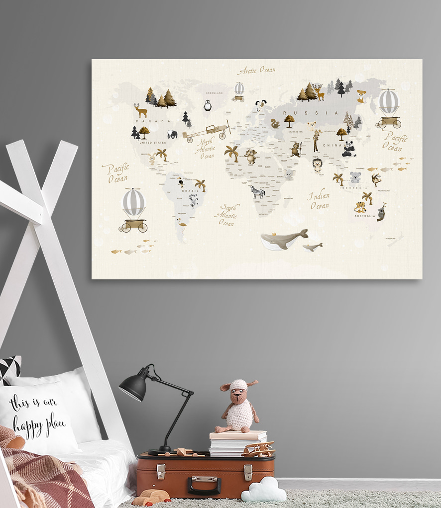 Een wereldkaart met dieren