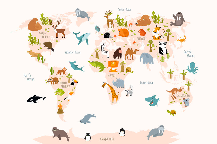 Een wereldkaart met dieren
