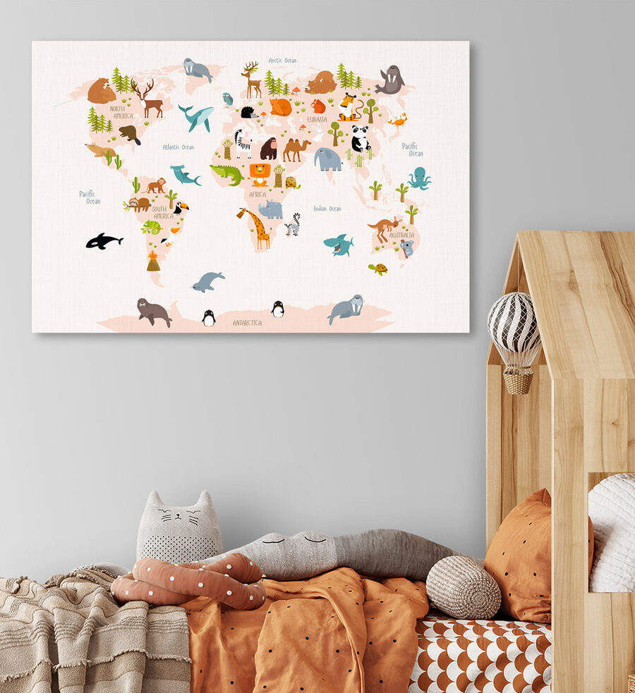 Een wereldkaart met dieren
