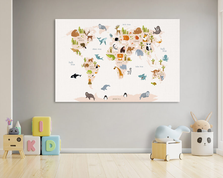 Een wereldkaart met dieren