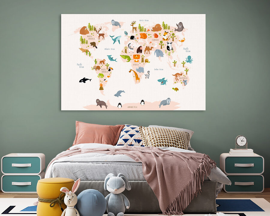 Een wereldkaart met dieren