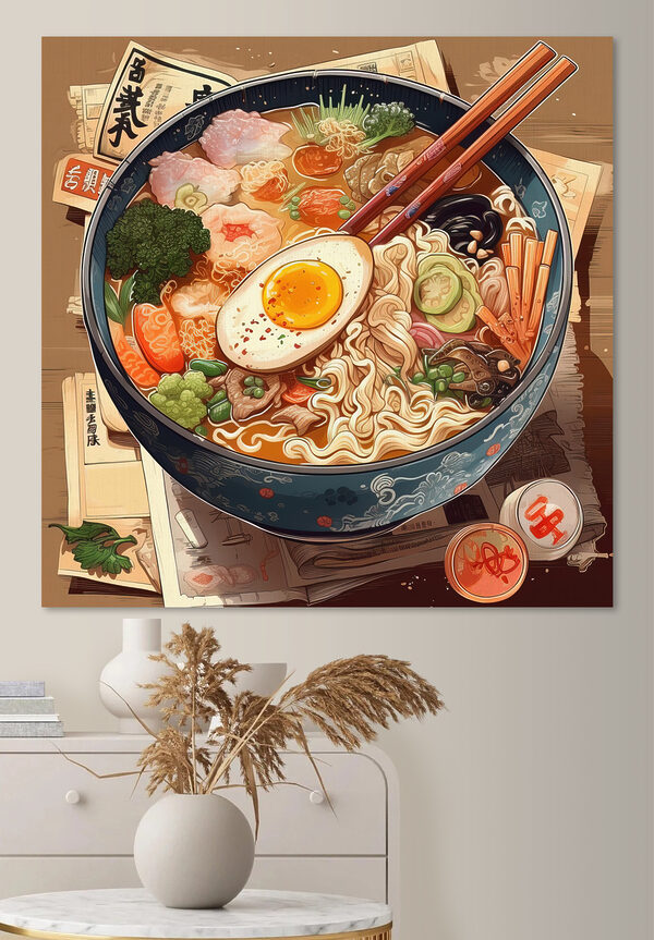 Een kom ramen met stokjes en een ei Een kom ramen met stokjes en een ei