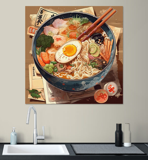Een kom ramen met stokjes en een ei Een kom ramen met stokjes en een ei