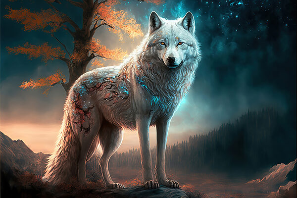 Een witte wolf op een rots Een witte wolf op een rots