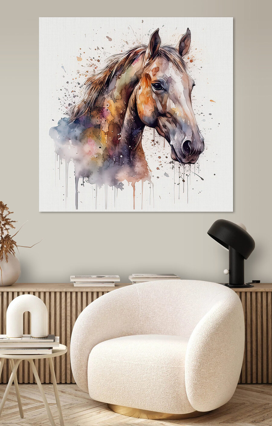 Een schilderij van een paard
