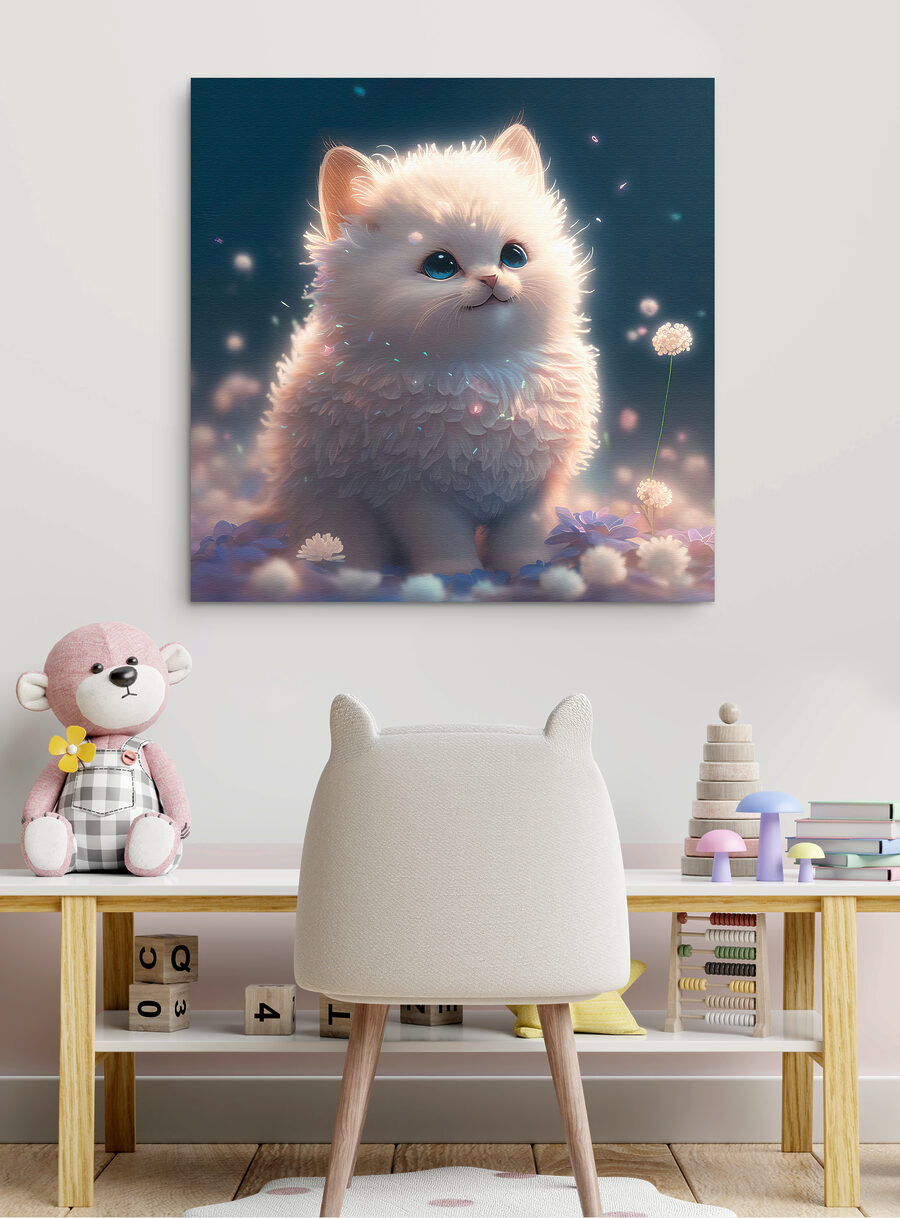 Een witte pluizige kat met blauwe ogen