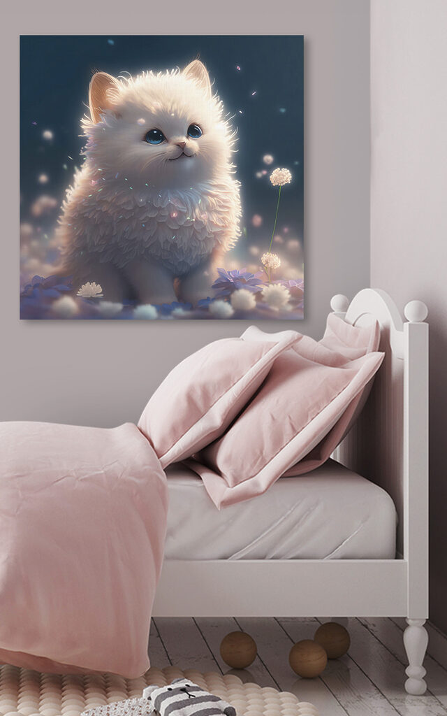 A white fluffy cat with blue eyes