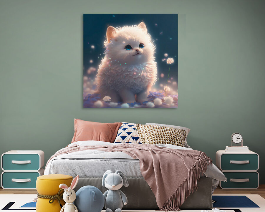 Een witte pluizige kat met blauwe ogen