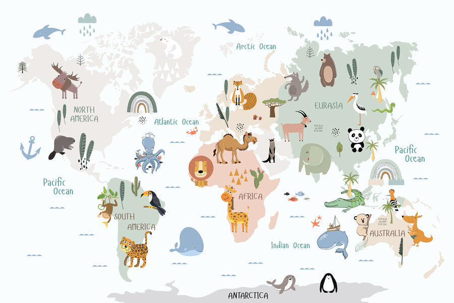 Een wereldkaart met dieren