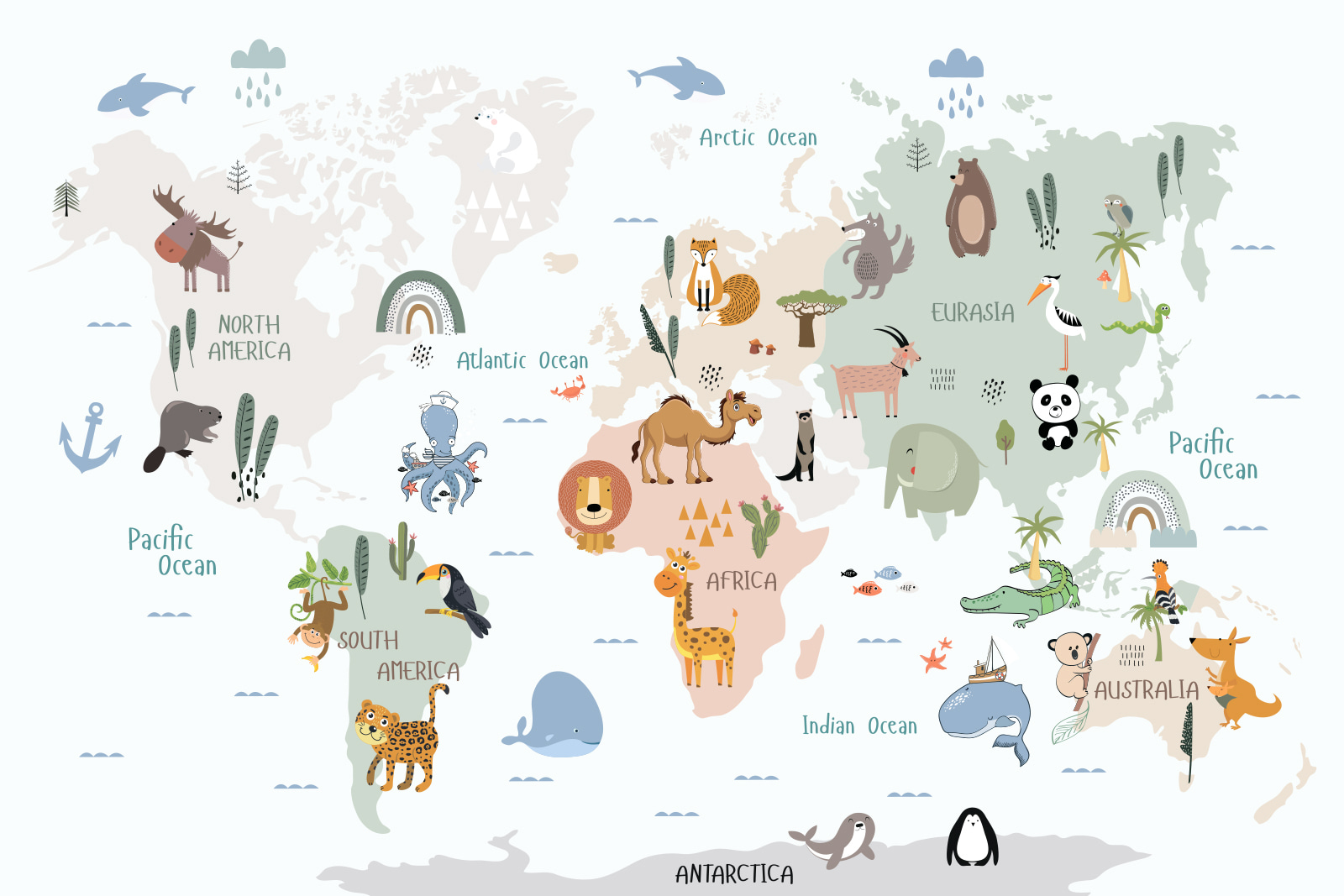 A map of the world with animals