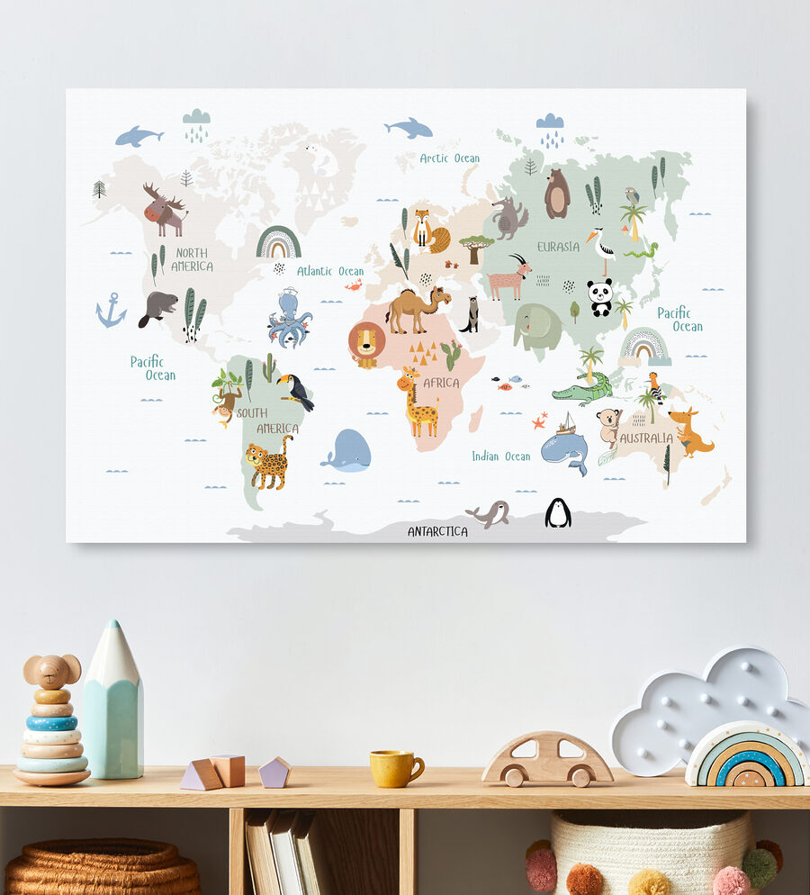 Een wereldkaart met dieren