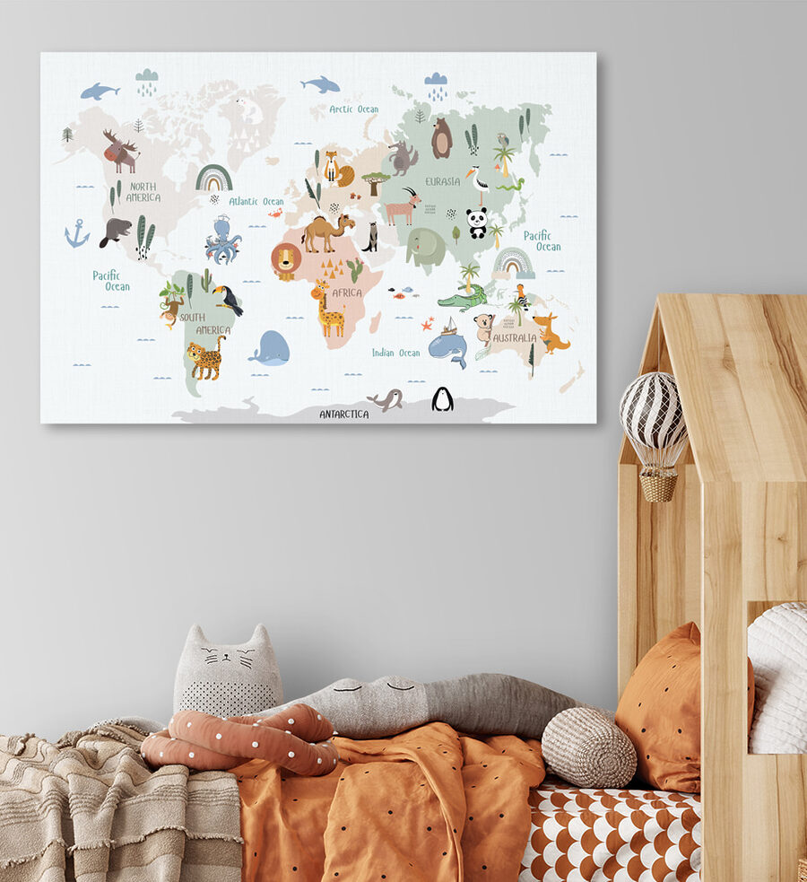 Een wereldkaart met dieren