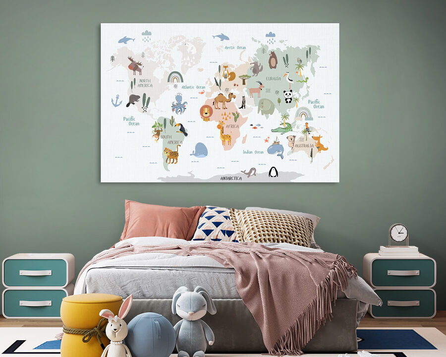 Een wereldkaart met dieren