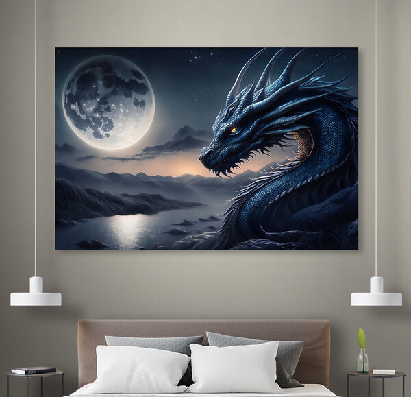 Een blauwe draak met een maan op de achtergrond Een blauwe draak met een maan op de achtergrond