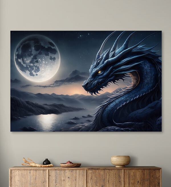 Een blauwe draak met een maan op de achtergrond Een blauwe draak met een maan op de achtergrond