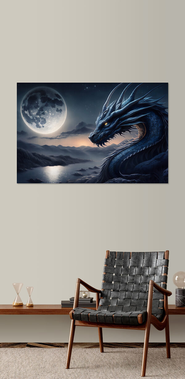 Een blauwe draak met een maan op de achtergrond Een blauwe draak met een maan op de achtergrond