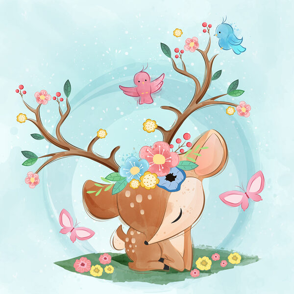Een cartoon hert met bloemen en vogels Een cartoon hert met bloemen en vogels