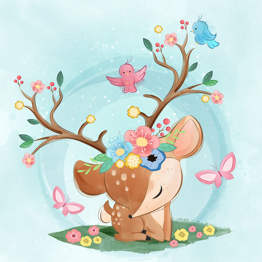 Een cartoon hert met bloemen en vogels Een cartoon hert met bloemen en vogels