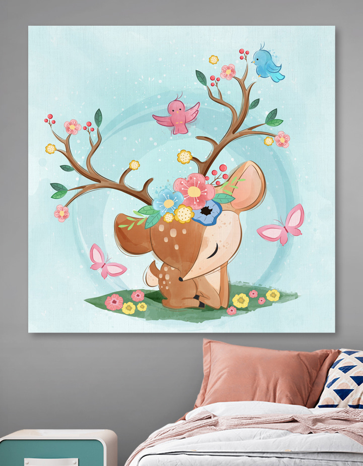 Een cartoon hert met bloemen en vogels Een cartoon hert met bloemen en vogels