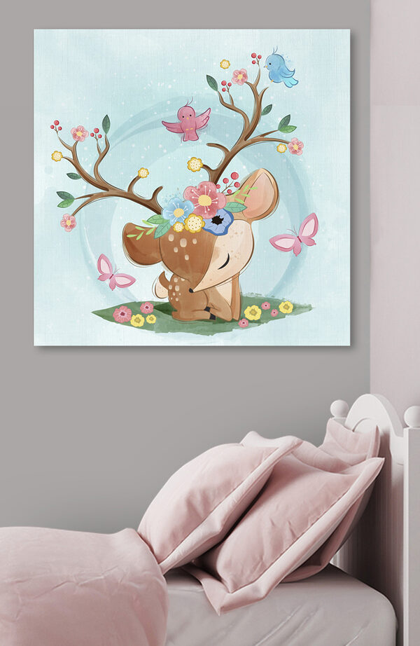 Een cartoon hert met bloemen en vogels Een cartoon hert met bloemen en vogels