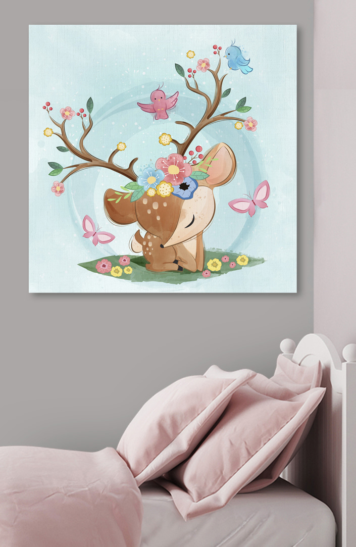 Een cartoon hert met bloemen en vogels Een cartoon hert met bloemen en vogels