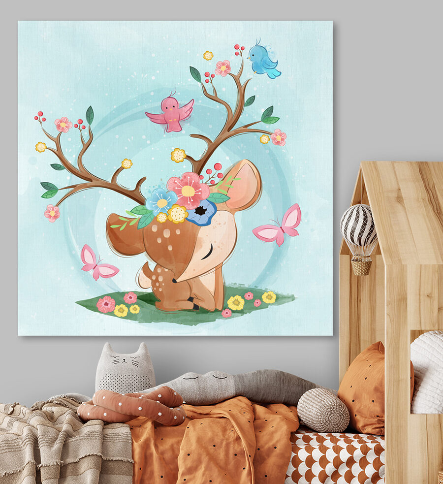 Een cartoon hert met bloemen en vogels Een cartoon hert met bloemen en vogels