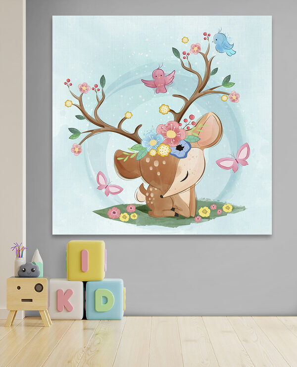 Een cartoon hert met bloemen en vogels Een cartoon hert met bloemen en vogels