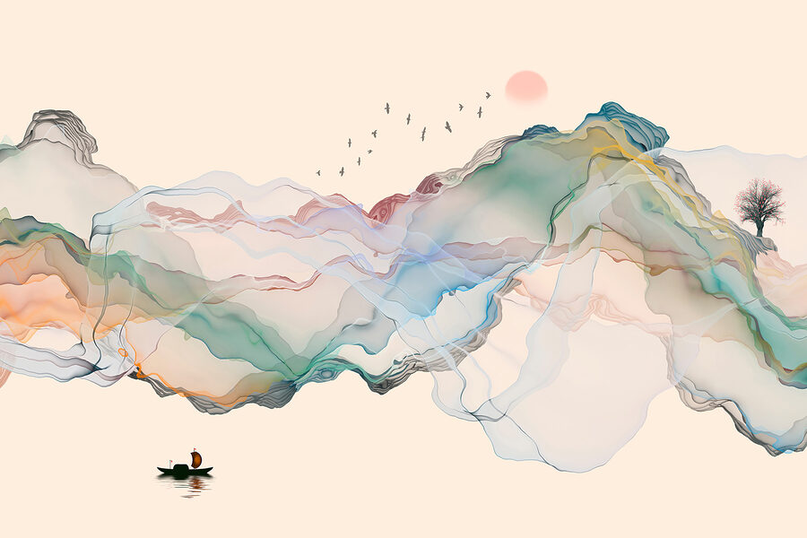 Een schilderij van een boot in het water