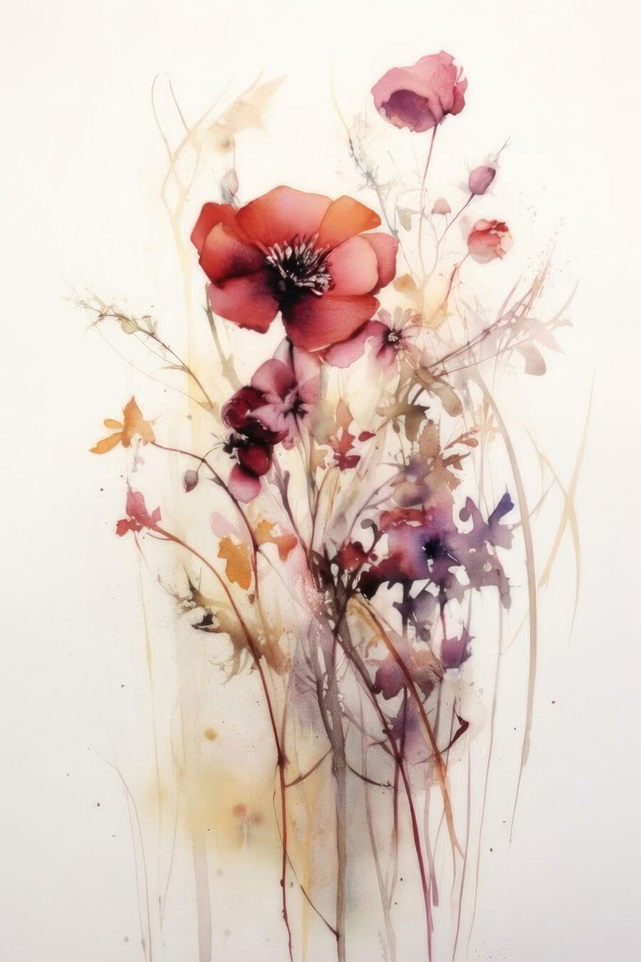 Een schilderij van bloemen op een witte achtergrond Een schilderij van bloemen op een witte achtergrond