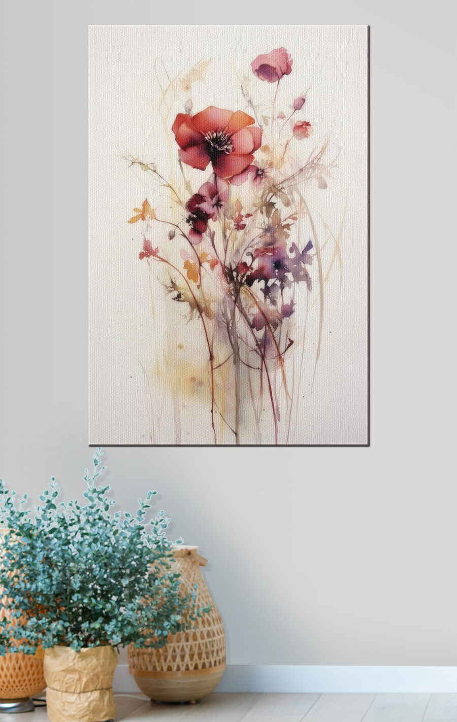 Een schilderij van bloemen op een witte achtergrond Een schilderij van bloemen op een witte achtergrond