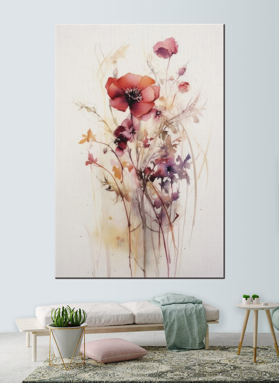 Een schilderij van bloemen op een witte achtergrond Een schilderij van bloemen op een witte achtergrond
