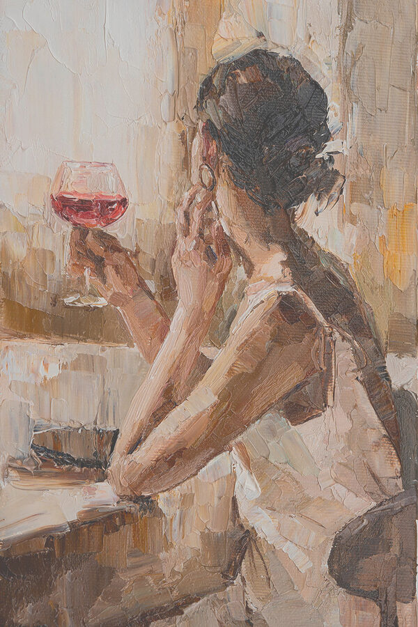 Een schilderij van een vrouw met een glas wijn in de hand Een schilderij van een vrouw met een glas wijn in de hand