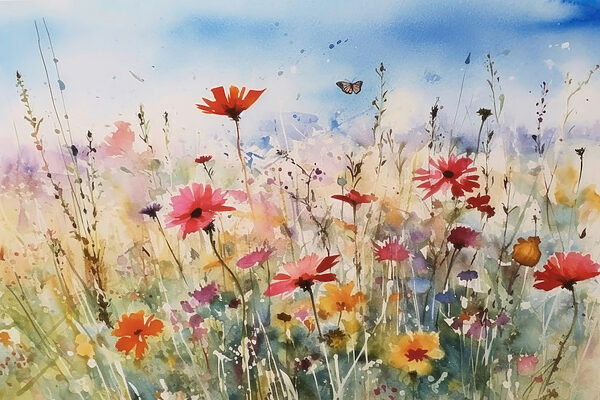 A watercolor painting of flowers and a butterfly A watercolor painting of flowers and a butterfly