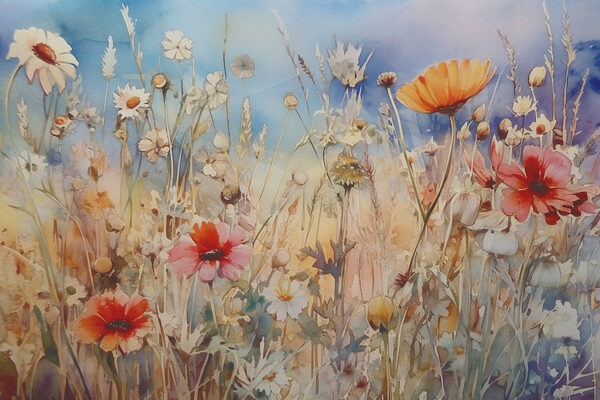 Een schilderij van bloemen en gras Een schilderij van bloemen en gras