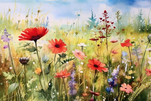 Een schilderij van bloemen in een veld Een schilderij van bloemen in een veld