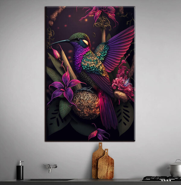 Een kleurrijke vogel zittend op een bol bloemen Een kleurrijke vogel zittend op een bol bloemen