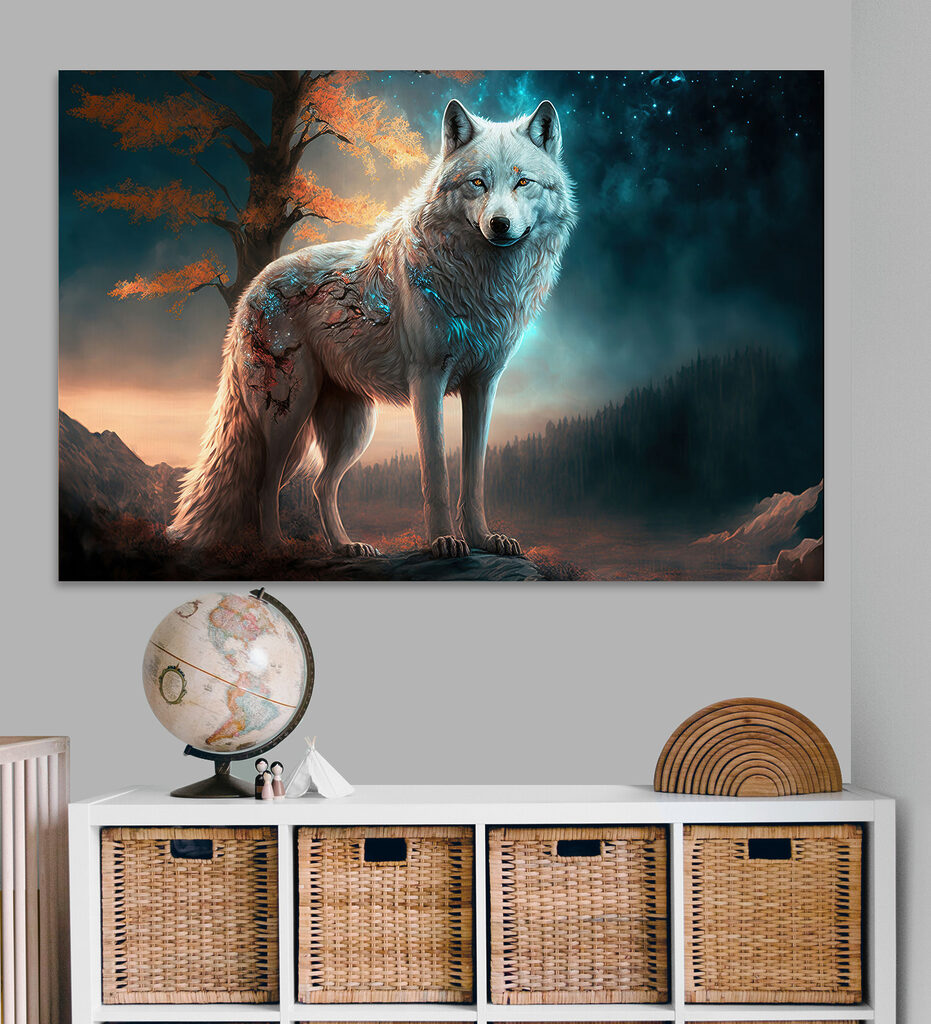 A white wolf standing on a rock