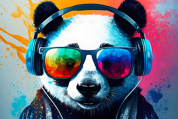 Een panda met een koptelefoon en zonnebril Een panda met een koptelefoon en zonnebril