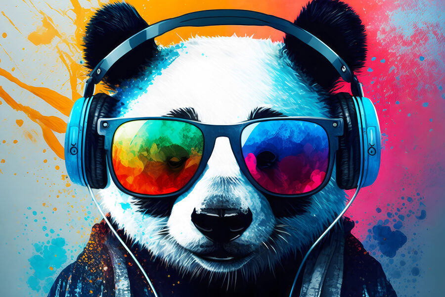 Een panda met een koptelefoon en zonnebril