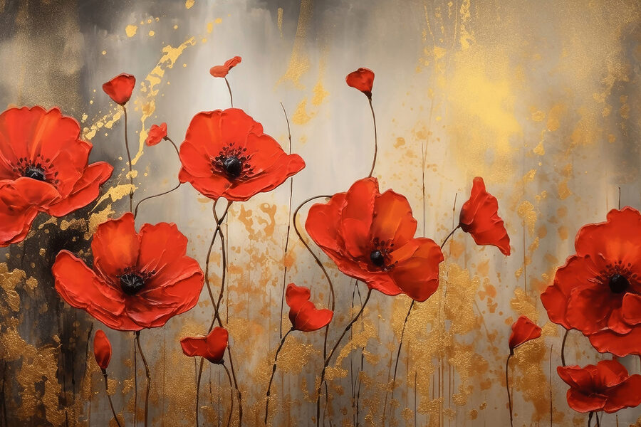 Een schilderij van rode bloemen