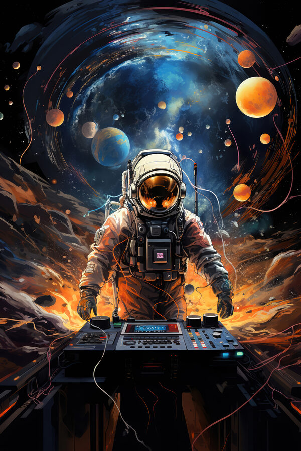 Een astronaut in de ruimte met een machine Een astronaut in de ruimte met een machine