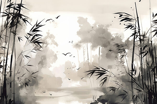 A black and white painting of trees and birds A black and white painting of trees and birds