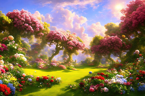 Een landschap met bomen en bloemen Een landschap met bomen en bloemen