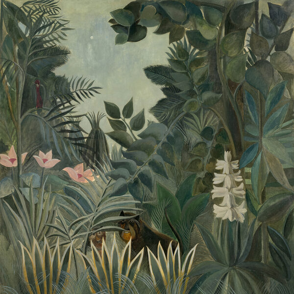 Een schilderij van een jungle met planten en bloemen Een schilderij van een jungle met planten en bloemen