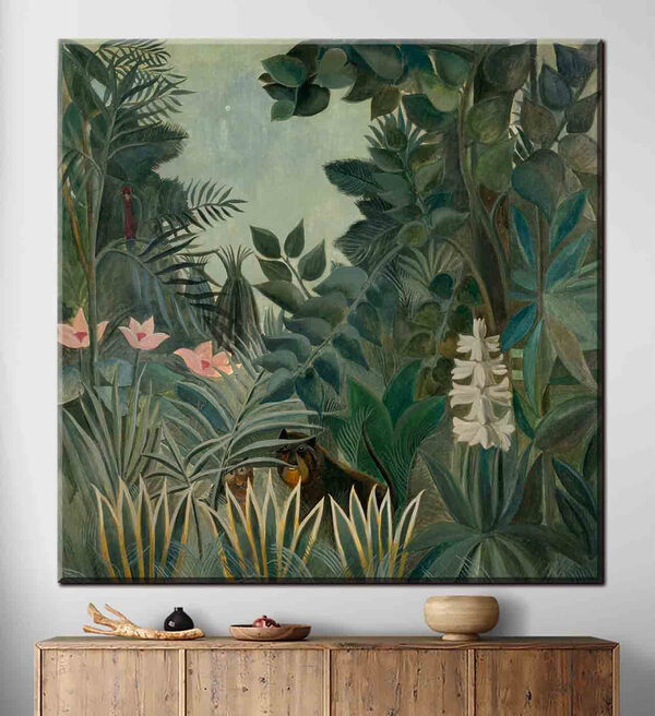 Een schilderij van een jungle met planten en bloemen Een schilderij van een jungle met planten en bloemen
