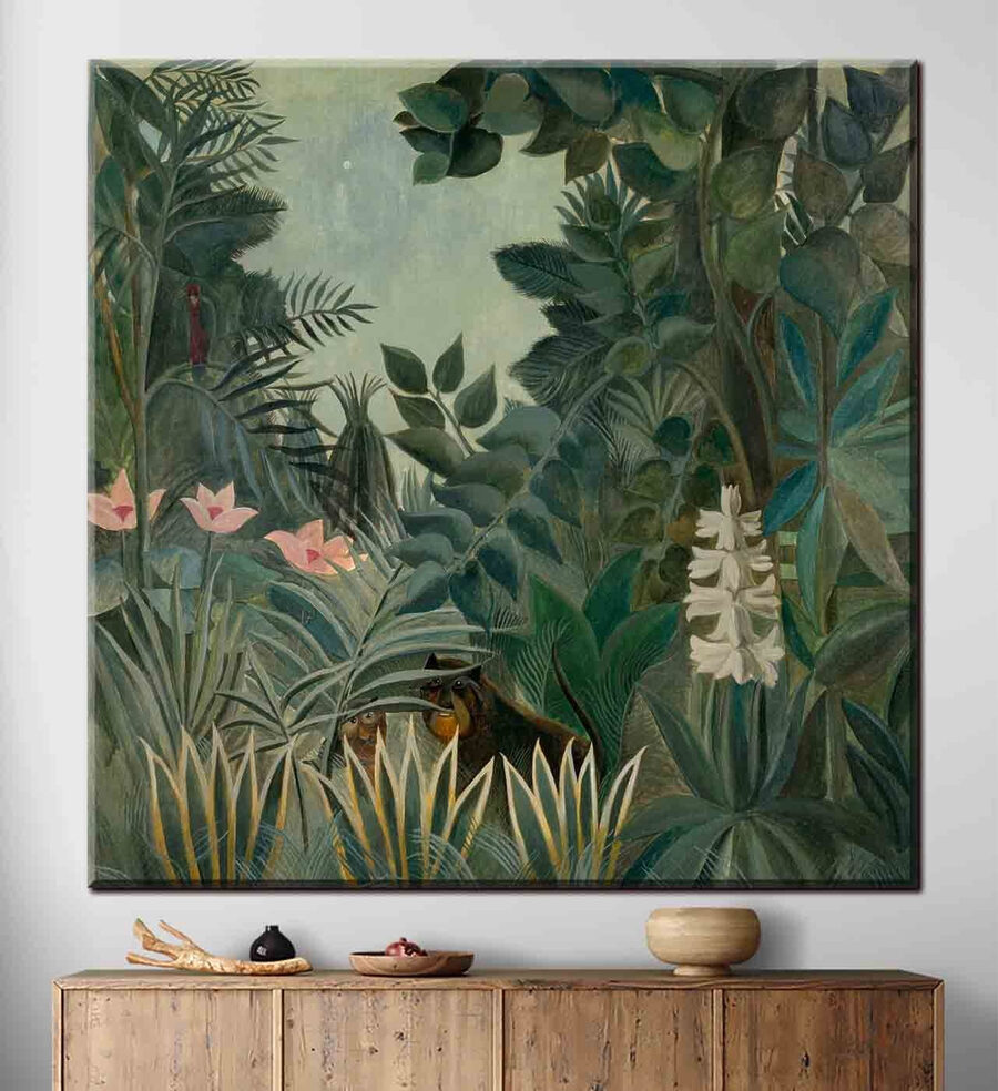 Canvas Schilderijen Een schilderij van een jungle met planten en bloemen