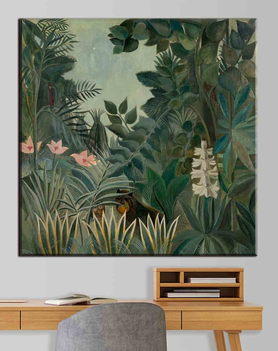 Canvas Schilderijen Een schilderij van een jungle met planten en bloemen - Afbeelding 2