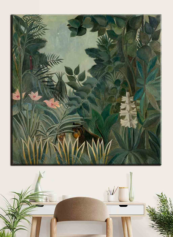 Een schilderij van een jungle met planten en bloemen Een schilderij van een jungle met planten en bloemen