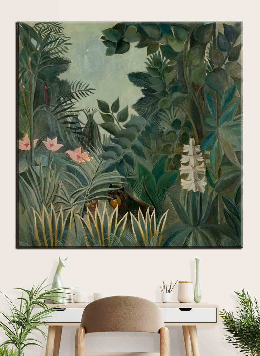 Canvas Schilderijen Een schilderij van een jungle met planten en bloemen - Afbeelding 3