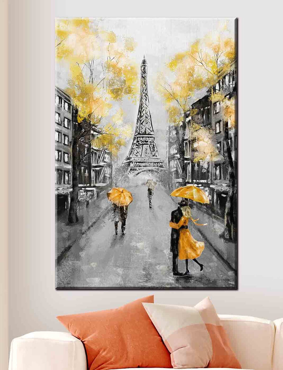 Een schilderij van een straat met mensen die onder een paraplu lopen